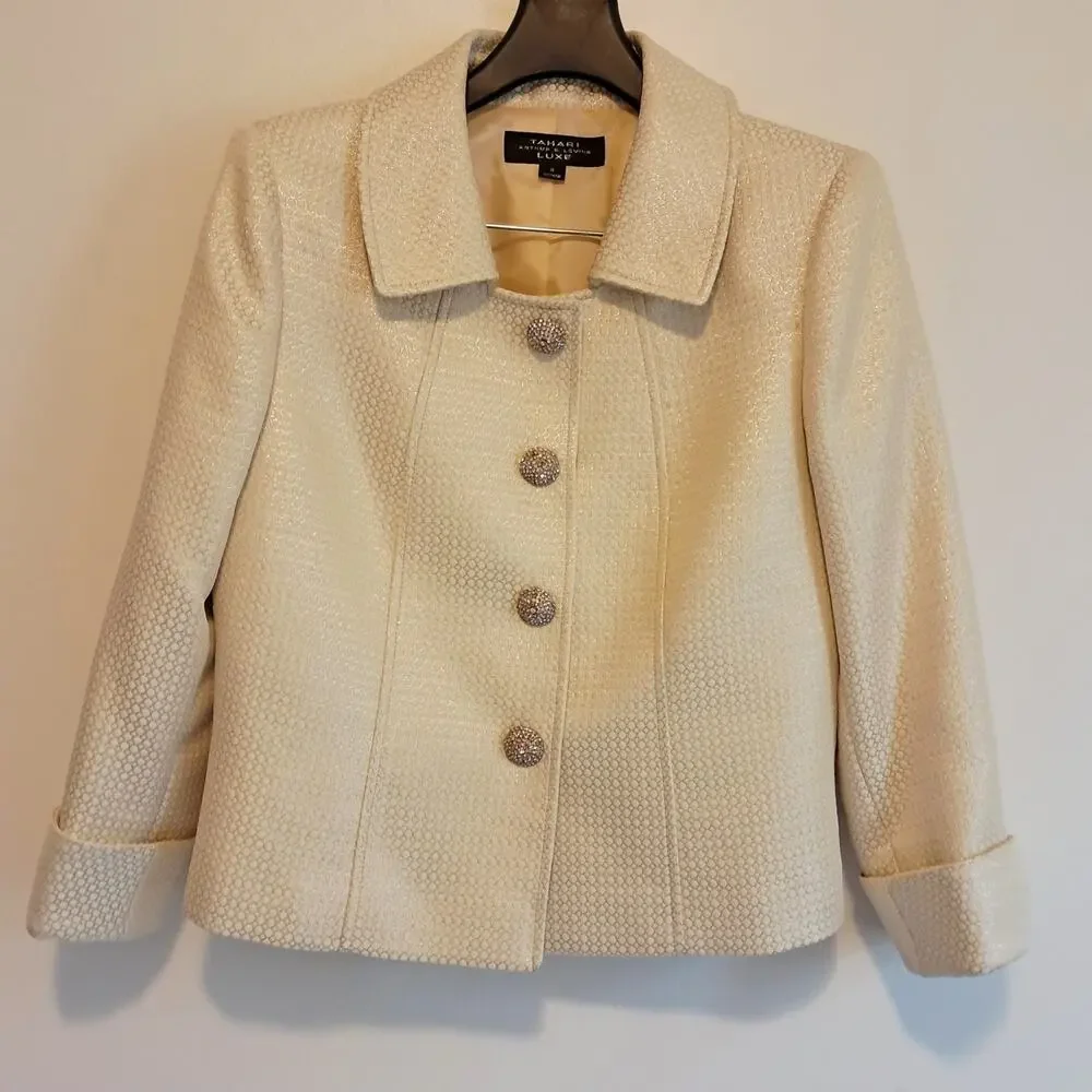 Tahari Arthur S Levine Luxe Elegant Cream Skirt Suit Set Gold Trim - Picture 2 of 10